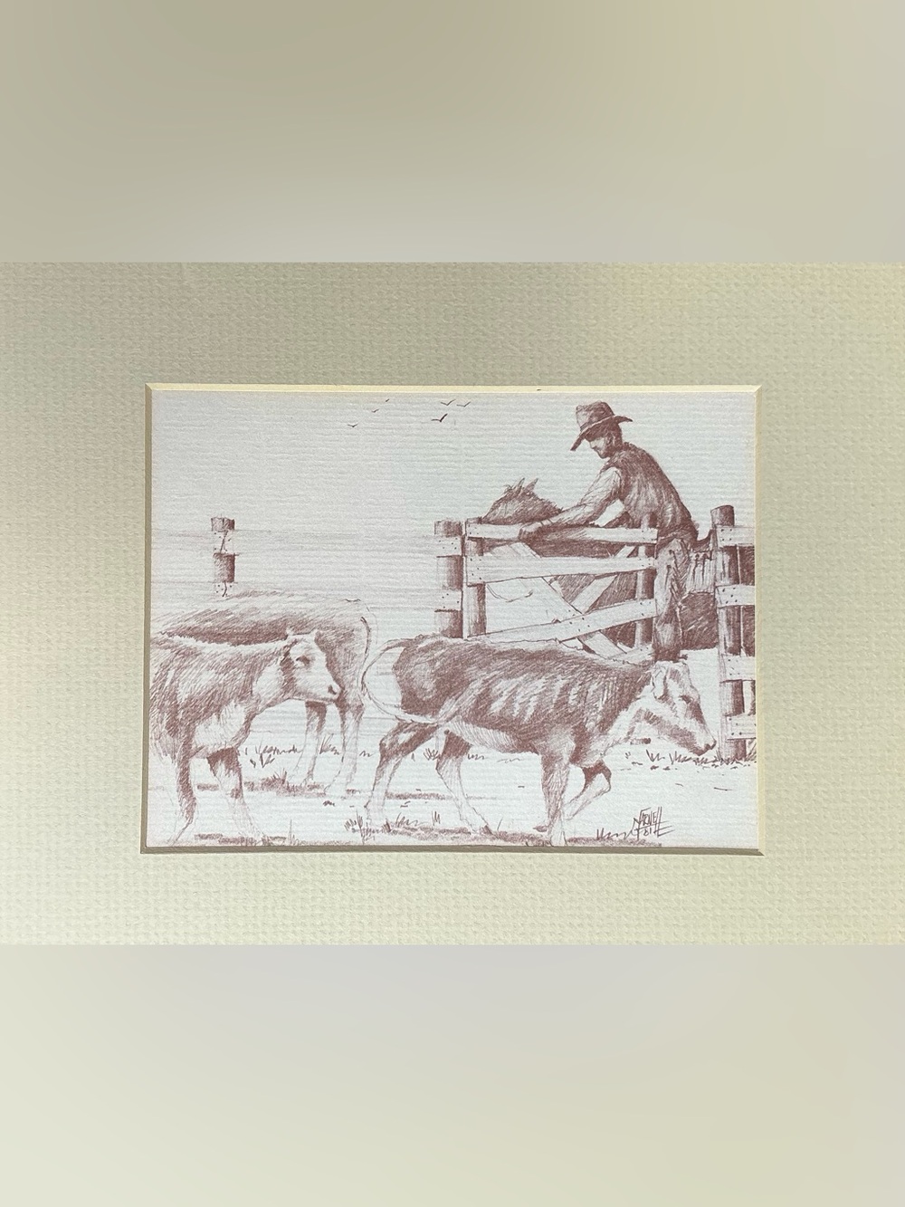 Western Cowboy Cattle Sketch Art Print - Brown Tones
